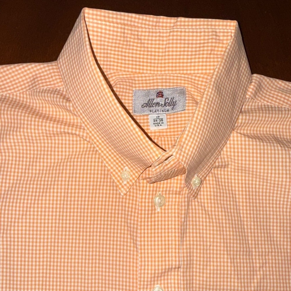 Allen Solly Platinum Mens Orange Gingham Button Down Shirt 17 34-35 Made in‎ USA